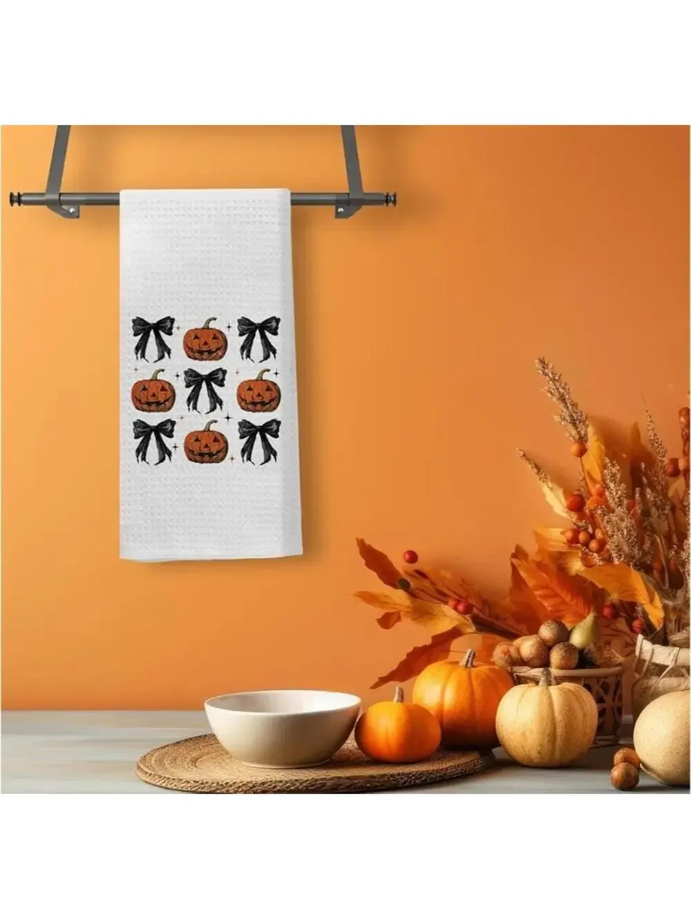 Halloween Kitchen Hand Towels Black Pumpkin & Coquette Bow